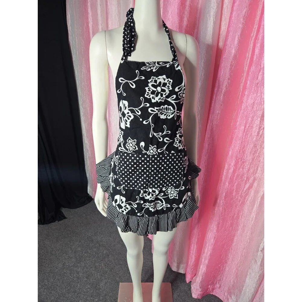 Flirty Aprons Black White Ruffle Pockets Cotton Extra Long Ties Apron One Size
